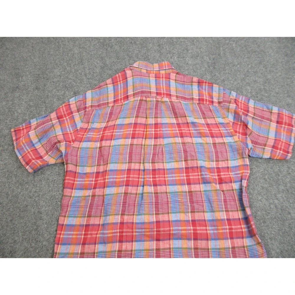 Orvis Shirt Mens Medium Red Plaid Linen Madras Button Up Casual Lightweight
